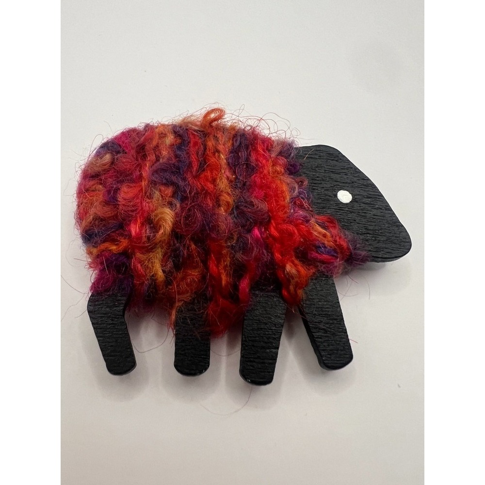 Handmade Black Sheep Brooch Textile Wool Fiber Wood Statement Pin Folk Art 2.75"